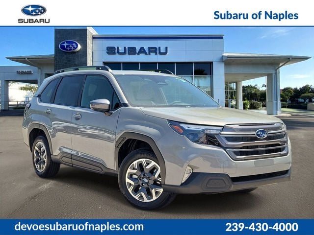 2026 Subaru FORESTER Premium in River Rock Pearl — front three-quarter view