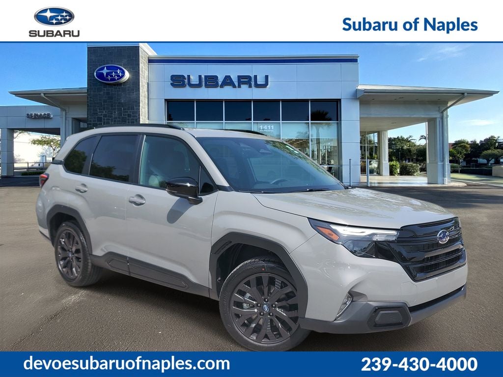 2026 Subaru FORESTER Sport Onyx Edition in River Rock Pearl — front three-quarter view