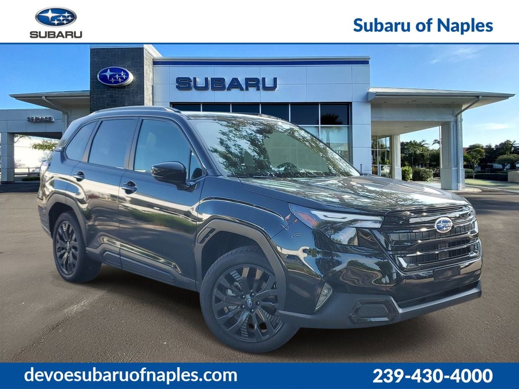 2026 Subaru FORESTER Sport Onyx Edition in Crystal Black Silica — front three-quarter view