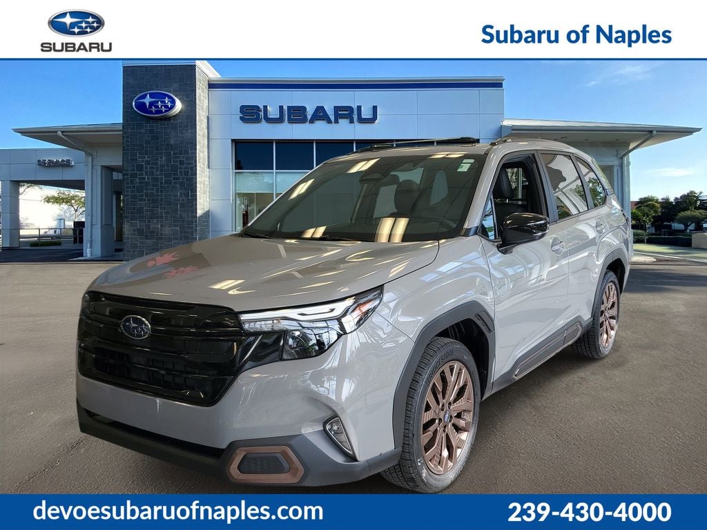 2026 Subaru FORESTER Sport in River Rock Pearl — front three-quarter view