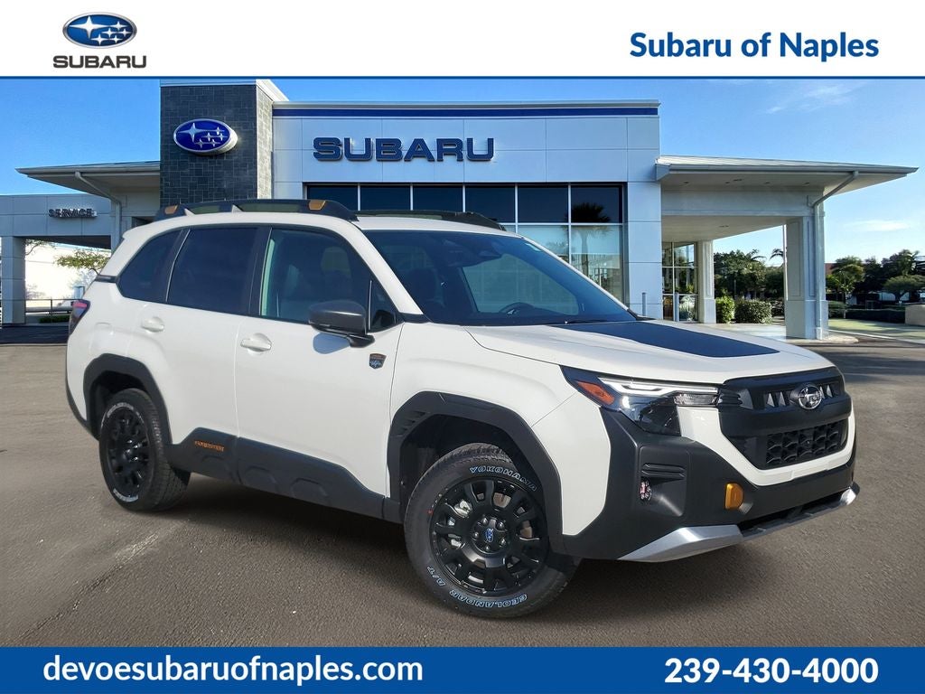 2026 Subaru FORESTER Wilderness in Crystal White Pearl — front three-quarter view