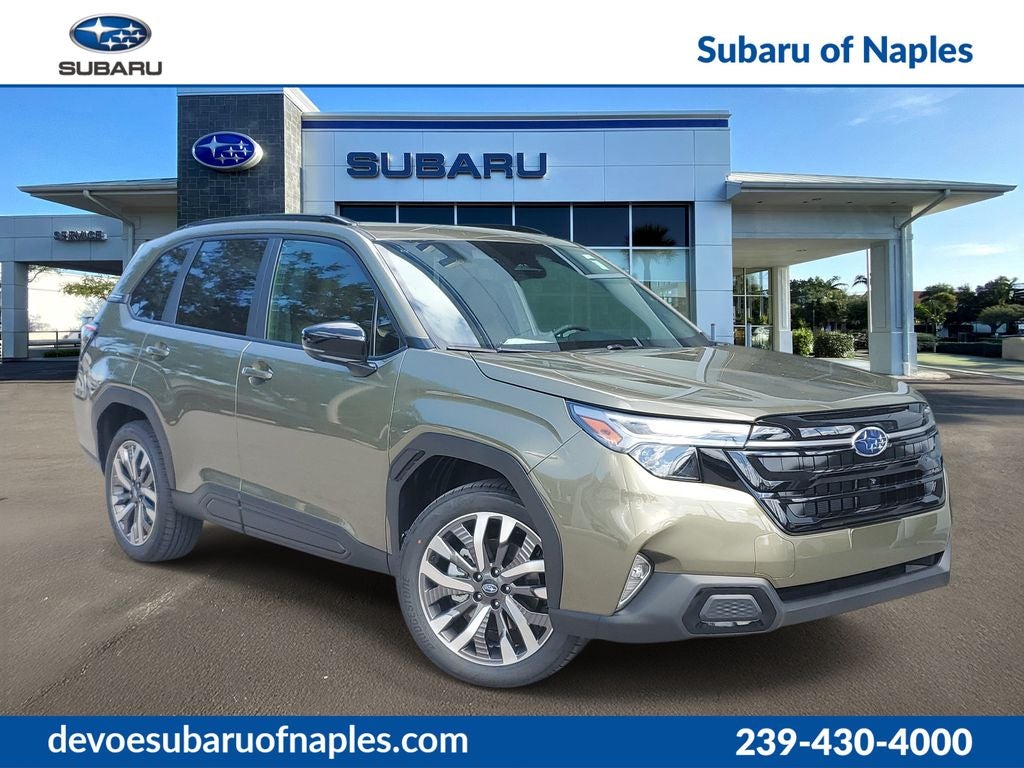 2026 Subaru FORESTER Touring in Autumn Green Metallic — front three-quarter view