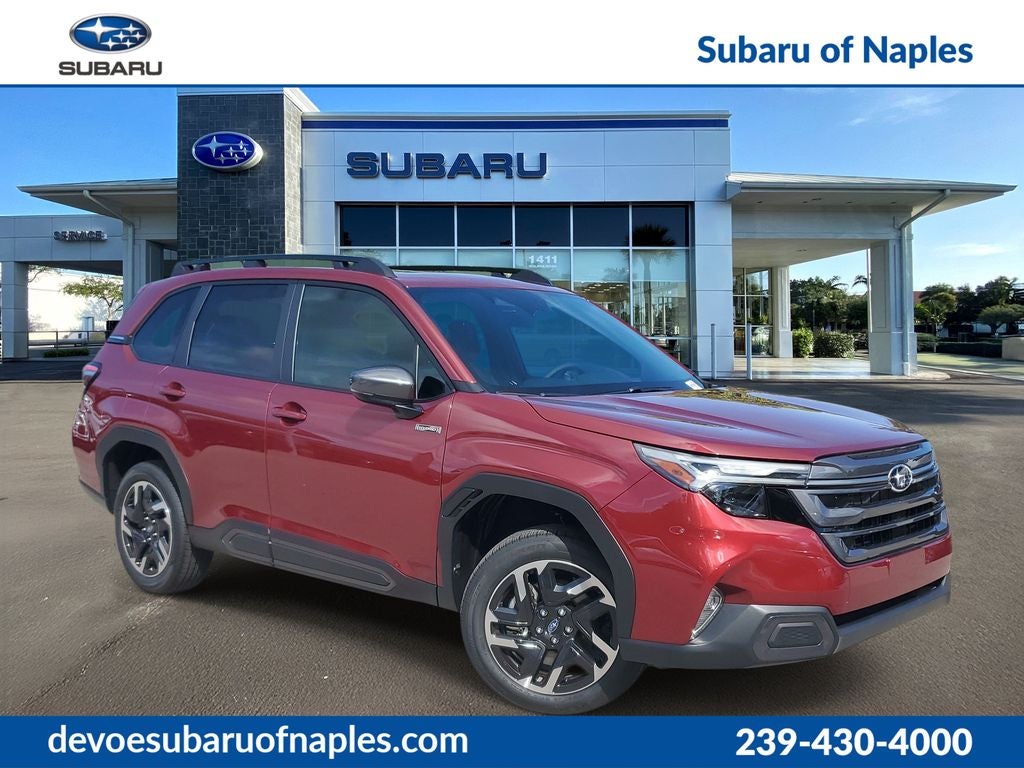 2026 Subaru FORESTER Limited Hybrid in Crimson Red Pearl — front three-quarter view