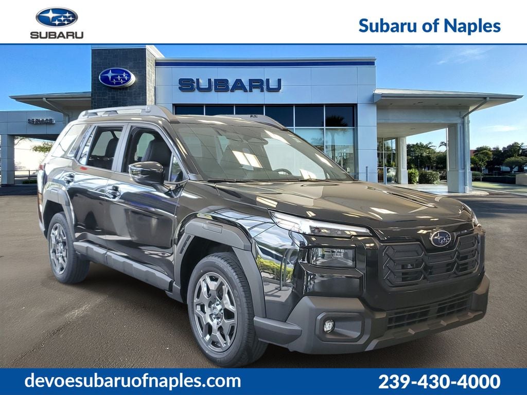 2026 Subaru OUTBACK Premium in Crystal Black Silica — front three-quarter view