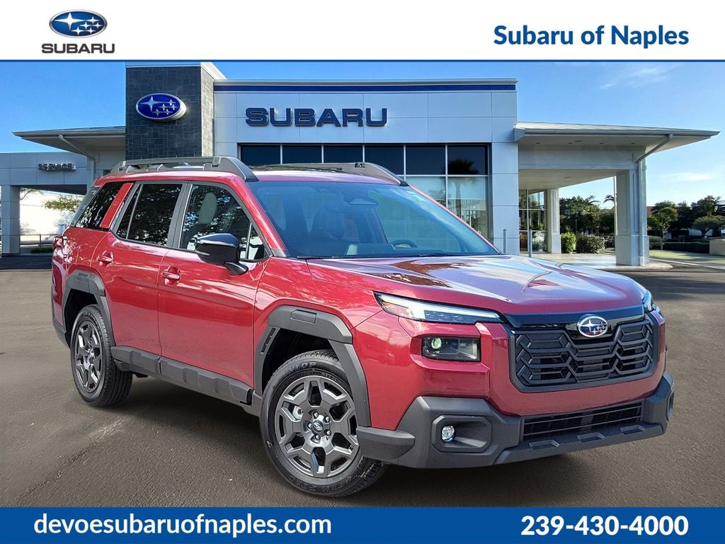2026 Subaru OUTBACK Premium in Crimson Red Pearl — front three-quarter view