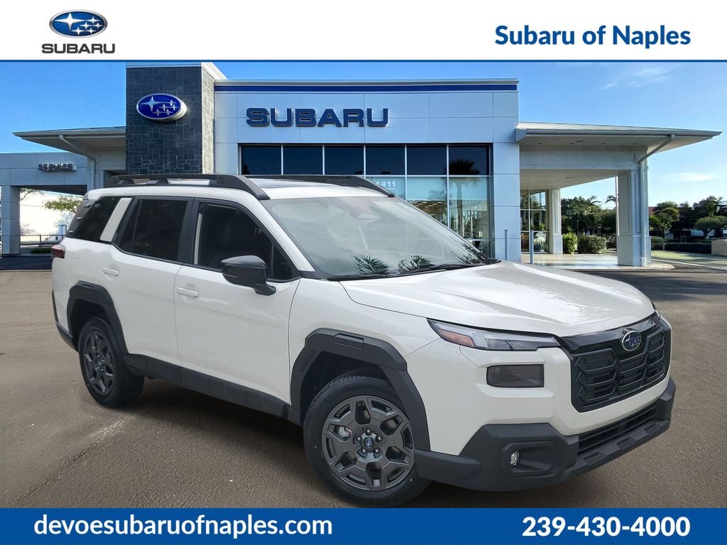 2026 Subaru OUTBACK Premium in Crystal White Pearl — front three-quarter view