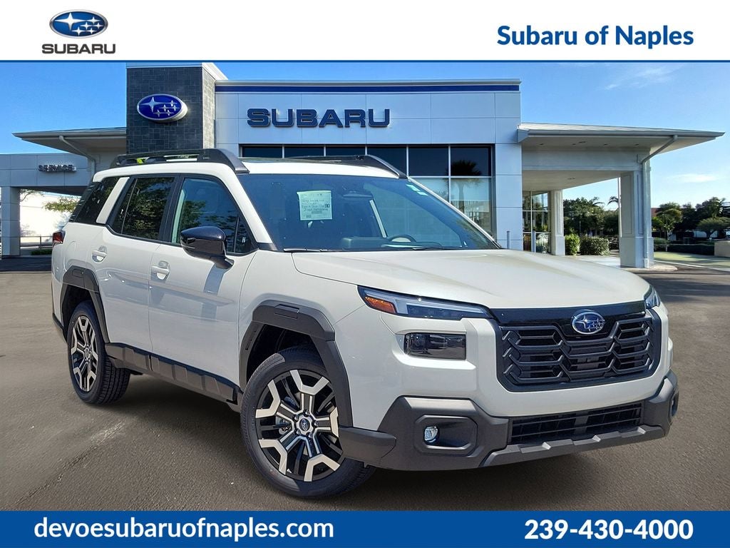 2026 Subaru OUTBACK Touring XT in Crystal White Pearl — front three-quarter view