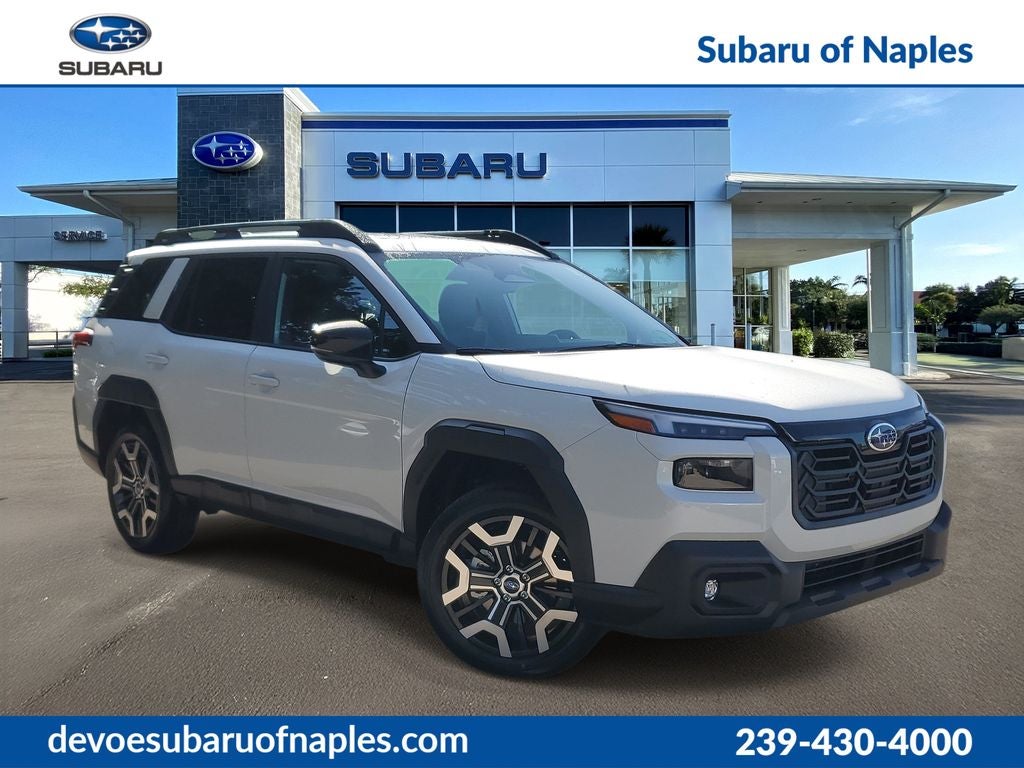 2026 Subaru OUTBACK Touring XT in Crystal White Pearl — front three-quarter view