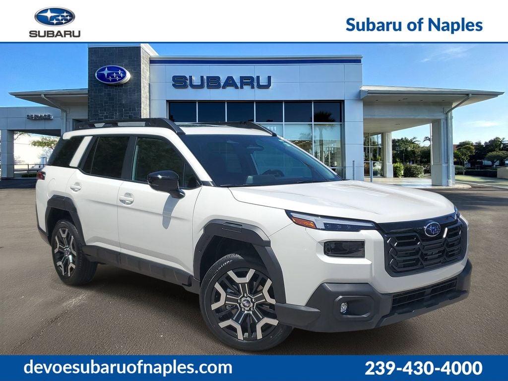 2026 Subaru OUTBACK Touring XT in Crystal White Pearl — front three-quarter view