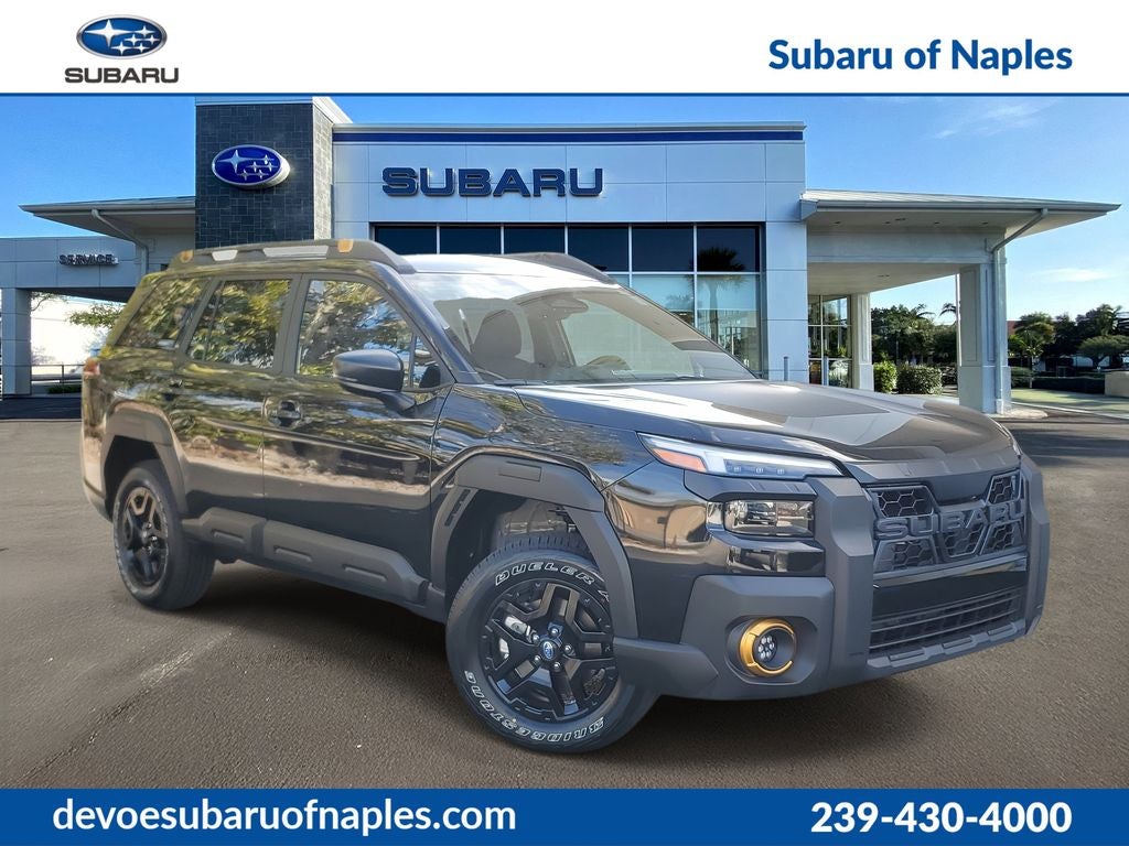 2026 Subaru OUTBACK Wilderness in Crystal Black Silica — front three-quarter view
