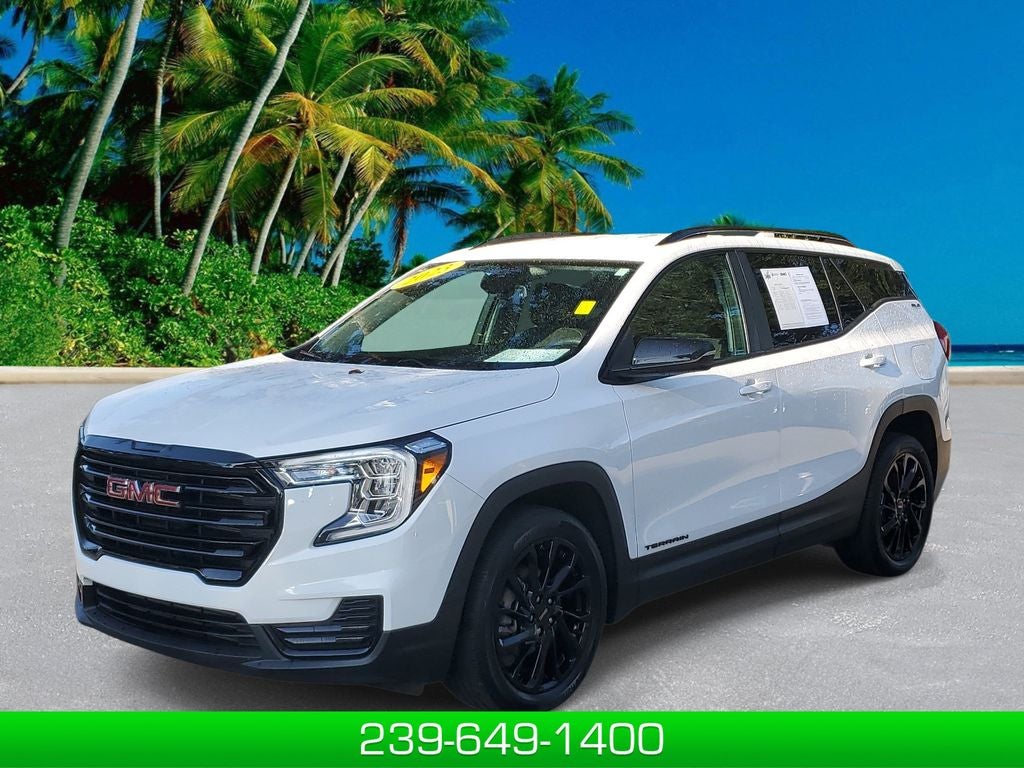 2023 GMC Terrain SLE in Summit White — front three-quarter view
