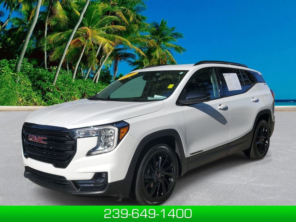 2023 GMC Terrain SLT in Summit White — front three-quarter view