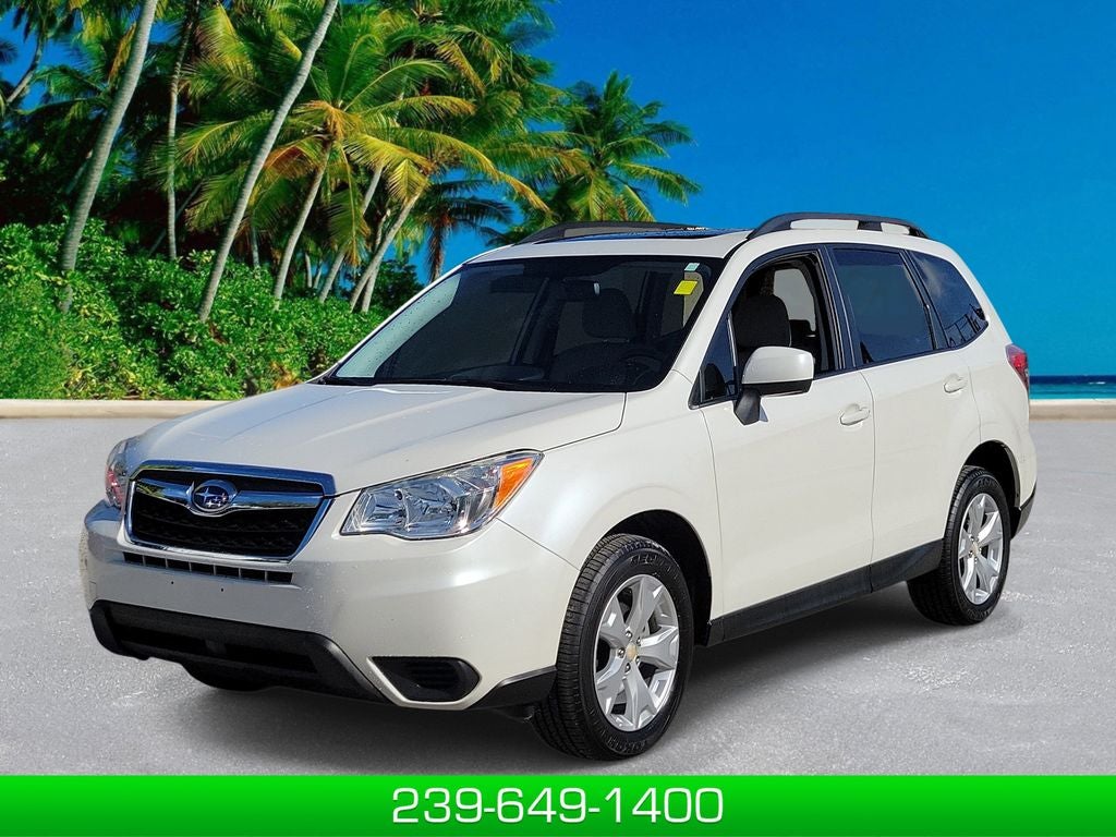 2015 Subaru Forester 2.5i Premium in Satin White Pearl — front three-quarter view